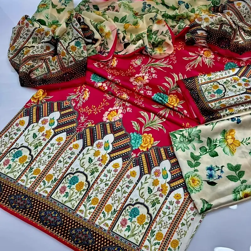China silk Floral Print 04 Digital Printed Floral Silk 3pc - Image 1