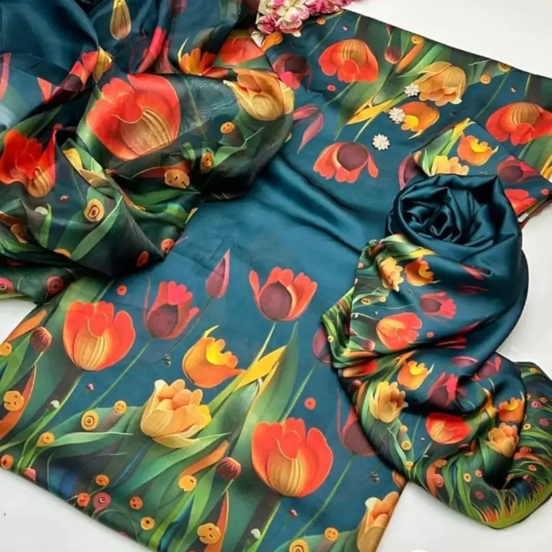 China silk Floral Print 11 Digital Printed Floral Silk 3pc - Image 1