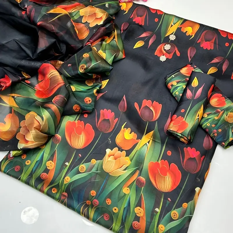 China silk Floral Print 15 Digital Printed Floral Silk 3pc - Image 1