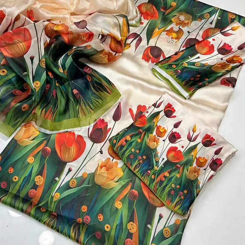 China silk Floral Print 18 Digital Printed Floral Silk 3pc - Image 1