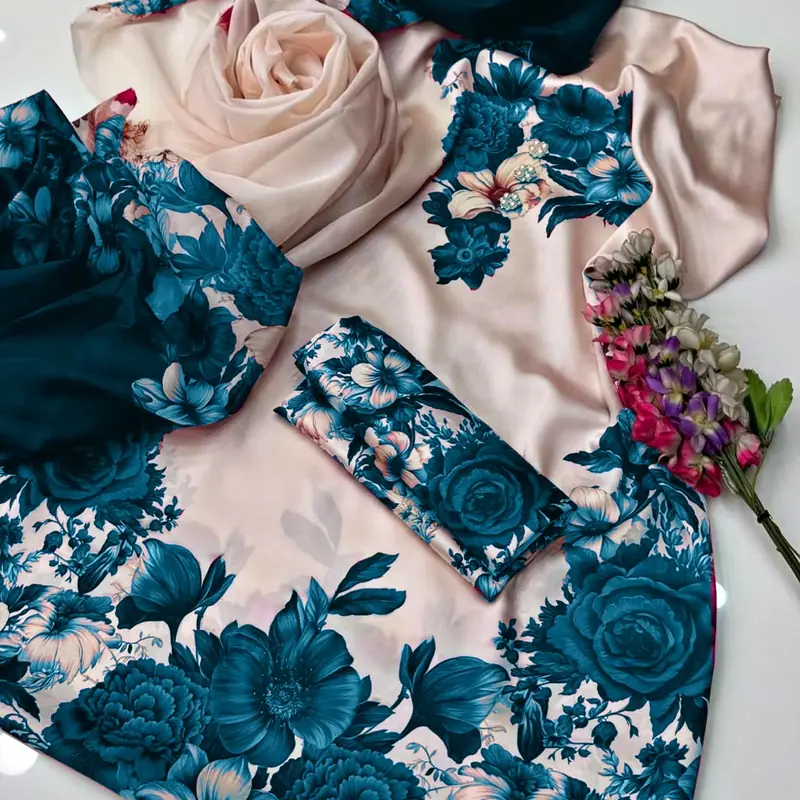 China silk Floral Print 26 Digital Printed Floral Silk 3pc - Image 1
