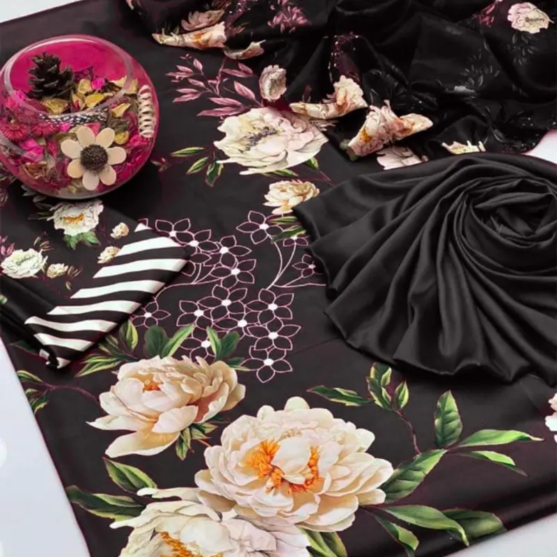 China silk Floral Print 45 Digital Printed Floral Silk 3pc - Image 1